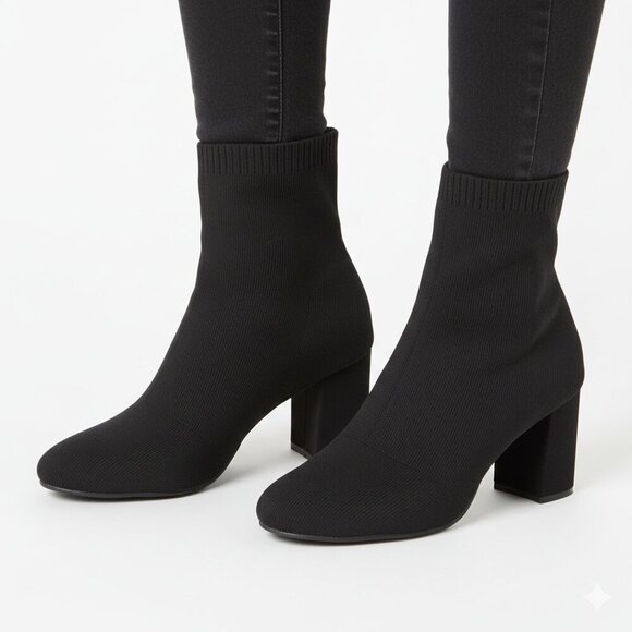 Chic Black Heeled Sock Boots | Size 7 - Picture 1 of 6
